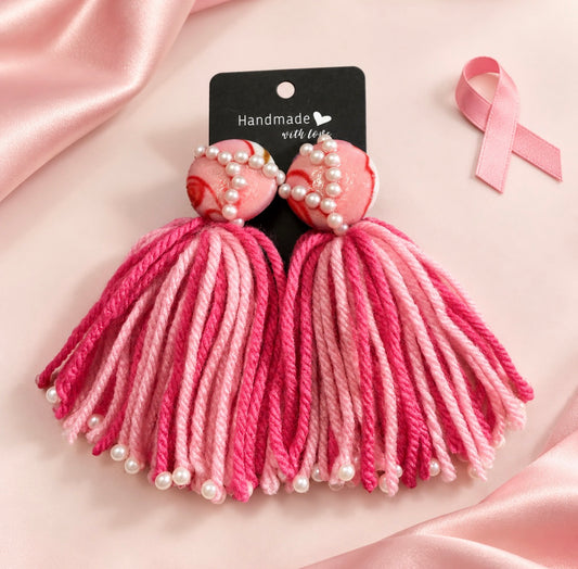 Breast Cancer and Pearls Button Tassel Earrings